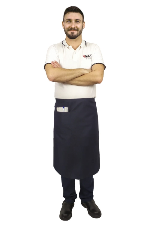 Dunkelblaue Kellnerschürze mit einer Länge von 75 cm.