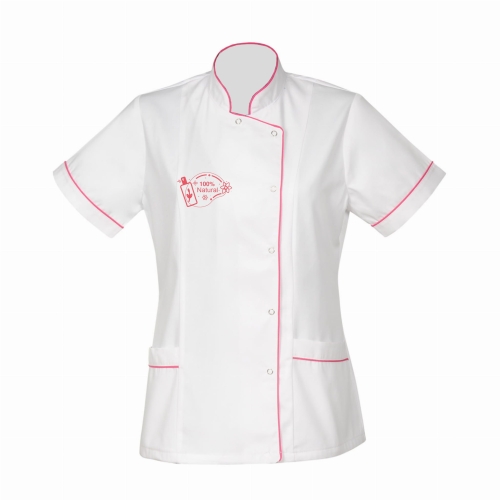 Kosmetischer weißer Blazer mit amaranthfarbener Paspel.