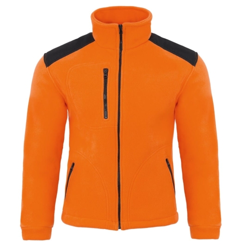 Fleecejacke mit schwarzen Einsätzen in Orange.