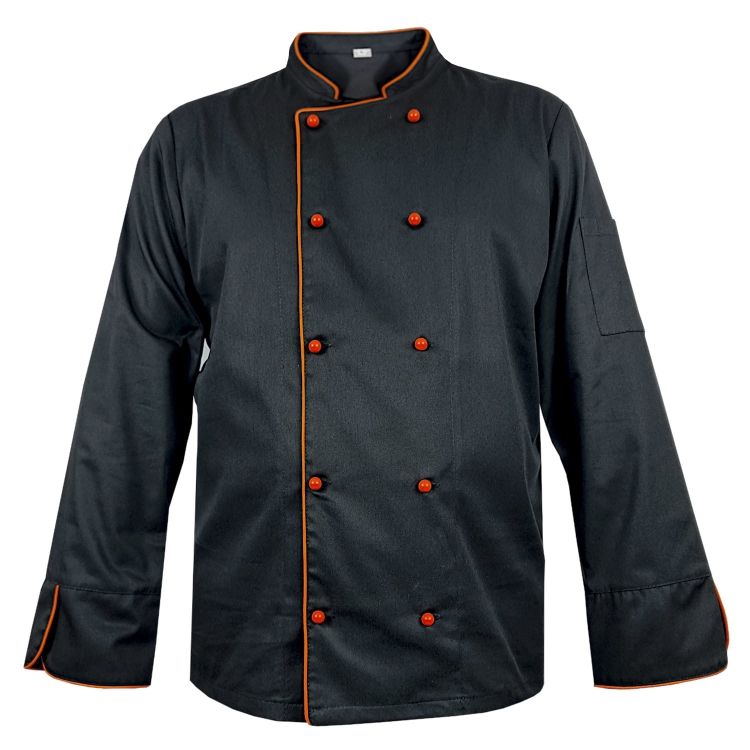 Schwarze Kochjacke mit orangefarbenen Akzenten