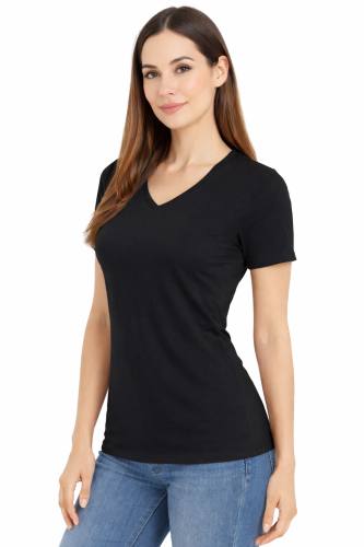 Koszulka z krótkim rękawem damska dekolt w serek kolor czarny widok z boku.png