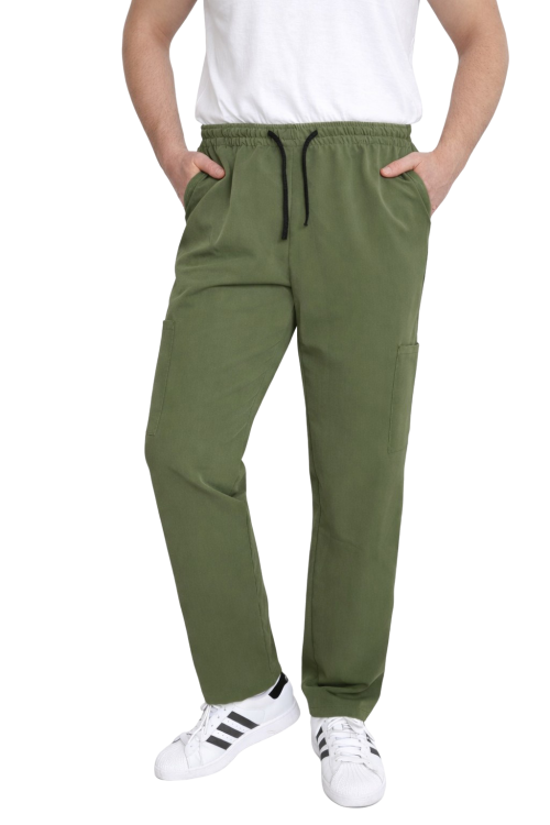 Spodnie medyczne męskie oliwka BASIC PREMIUM widok z przodu.png