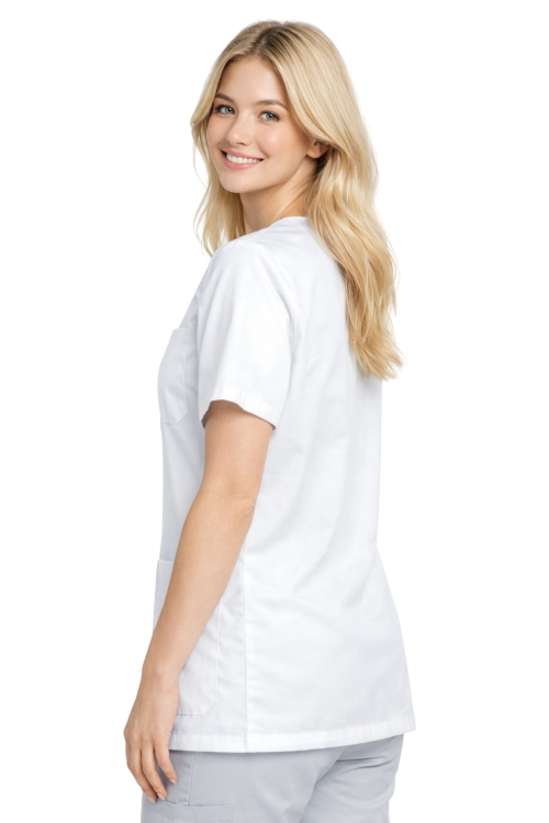 Żakiet medyczny damski zapinany na zatrzaski biały widok z tyłu.png