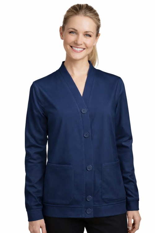 Bluza medyczna damska zapinana na guziki granatowa.png