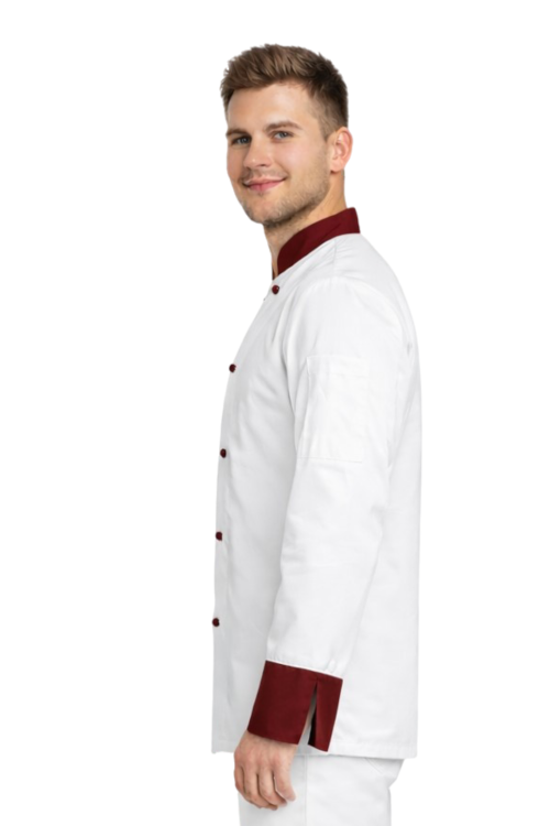 Kitel gastronomiczny z bordowymi mankietami