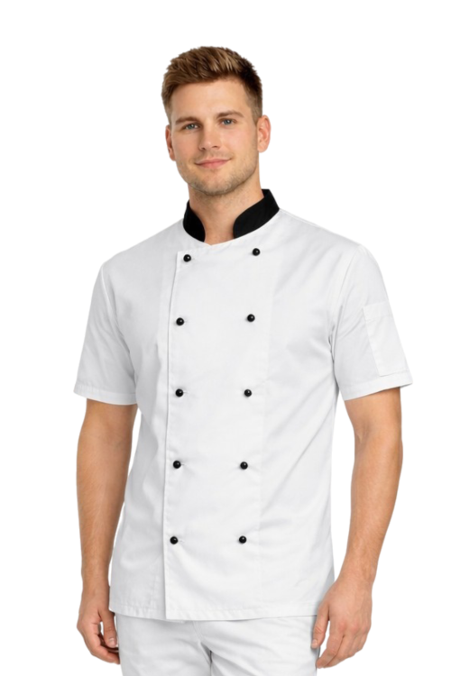 Męska bluza kucharska z czarną stójką i guzikami