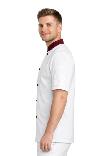 Kitel gastronomiczny męski z krótkim rękawem i bordową stójką