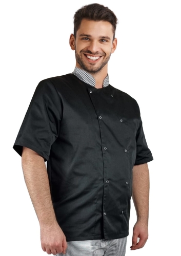 Kochjacke mit Hahnentrittmuster und Druckknöpfen, langärmlig.