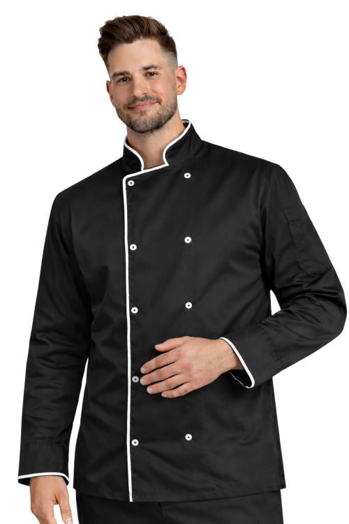 Bluza kucharska czarna z białą lamówką i długim rękawem