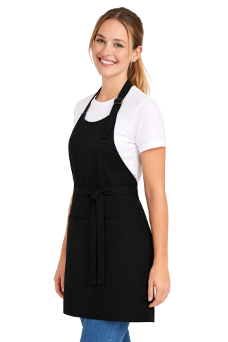 Fartuszek zapaska z karczkiem i kiesznią wiazany w pasie kolor czarny widok z boku.png