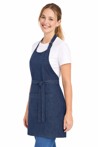 Fartuszek zapaska z karczkiem i kiesznią wiazany w pasie kolor jeansowy widok z boku.png