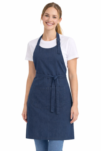 Fartuszek zapaska z karczkiem i kiesznią wiazany w pasie kolor jeansowy.png