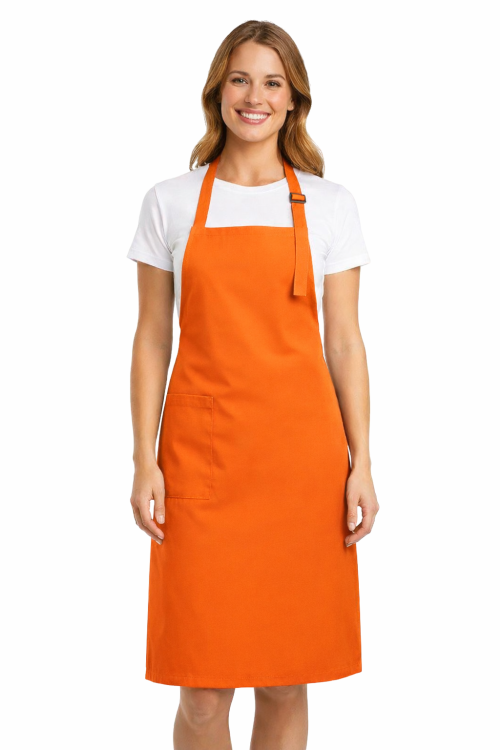 Profesjonalny fartuch gastronomiczny z kieszenią boczną regulowaną klamrą z karczkiem kolor pomarańczowa.png
