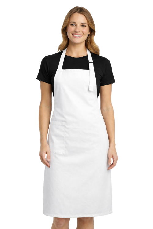 Profesjonalny fartuch gastronomiczny z kieszenią boczną regulowaną klamrą z karczkiem kolor biały.png