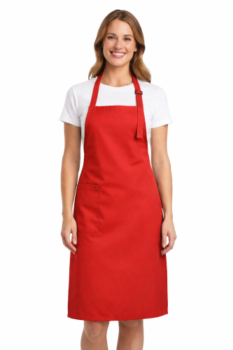Profesjonalny fartuch gastronomiczny z kieszenią boczną regulowaną klamrą z karczkiem kolor czerwony.png