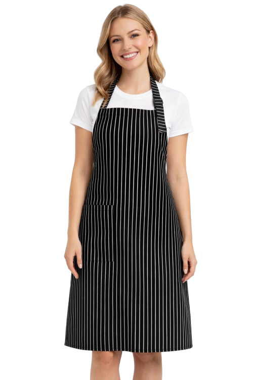 Zapaska fartuszek regulowany karczek z kieszenią w biało czarne paski.png