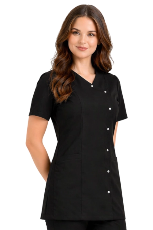 Damski żakiet BASIC PREMIUM medyczny krótki rękaw kolor czarny zapinany na napy