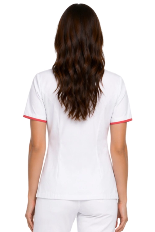 Zapinany na suwak żakiet medyczny biały z lamówką amarant