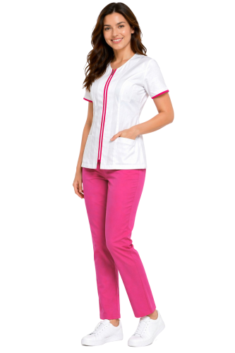 Medyczny komplet bluza na suwak biała z różową lamówką   i różowe spodnie cygaretki MEDICAL BEAUTY