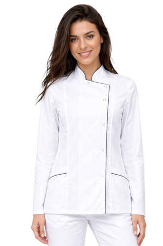 Żakiet medyczny biały  z granatową lamówką długi rękaw