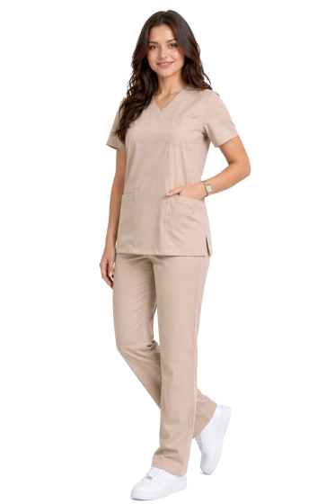 Klassisches, einfacher Schnitt, beige Damen Medizin-Set - Scrubs CASUAL PREMIUM