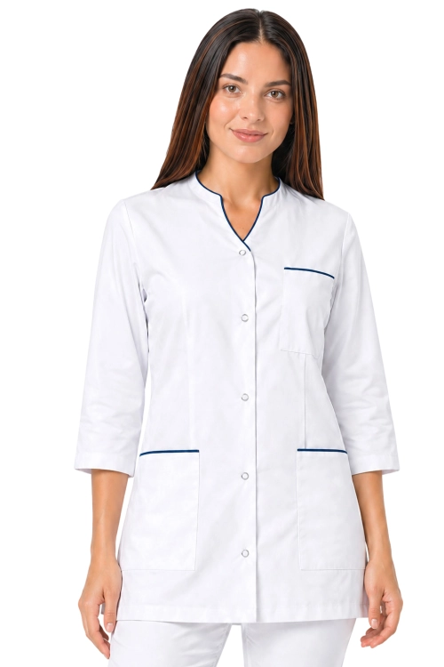 Żakiet medyczny damski biały z granatową lamówką