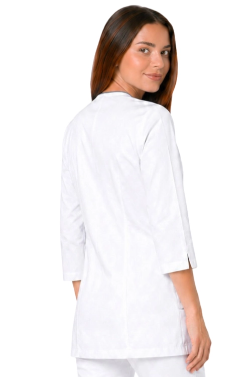 Medyczny żakiet damski z rękawem 3/4 w białym kolorze z szarą lamówką