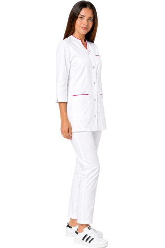 Zestaw  medyczny damski z  rękawem 34 biały żakiet z różową  lamówką i białymi spodniami