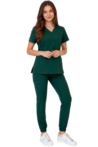 Komplet medyczny damski zielona butelka  – scrubs CASUAL PREMIUM-przód.png