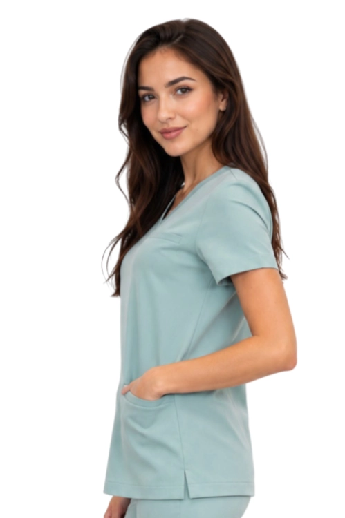 Damska bluza medyczna BASIC PREMIUM w kolorze miętowym_bok.png