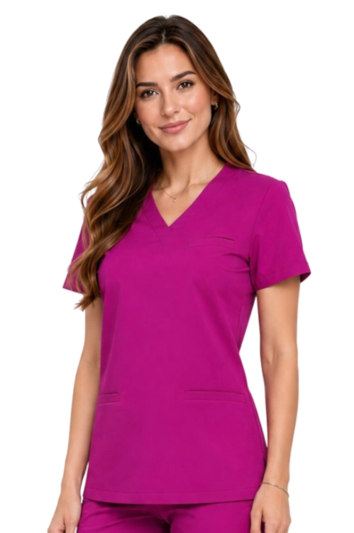 Damska bluza medyczna BASIC PREMIUM w kolorze purpurowym_bok.png