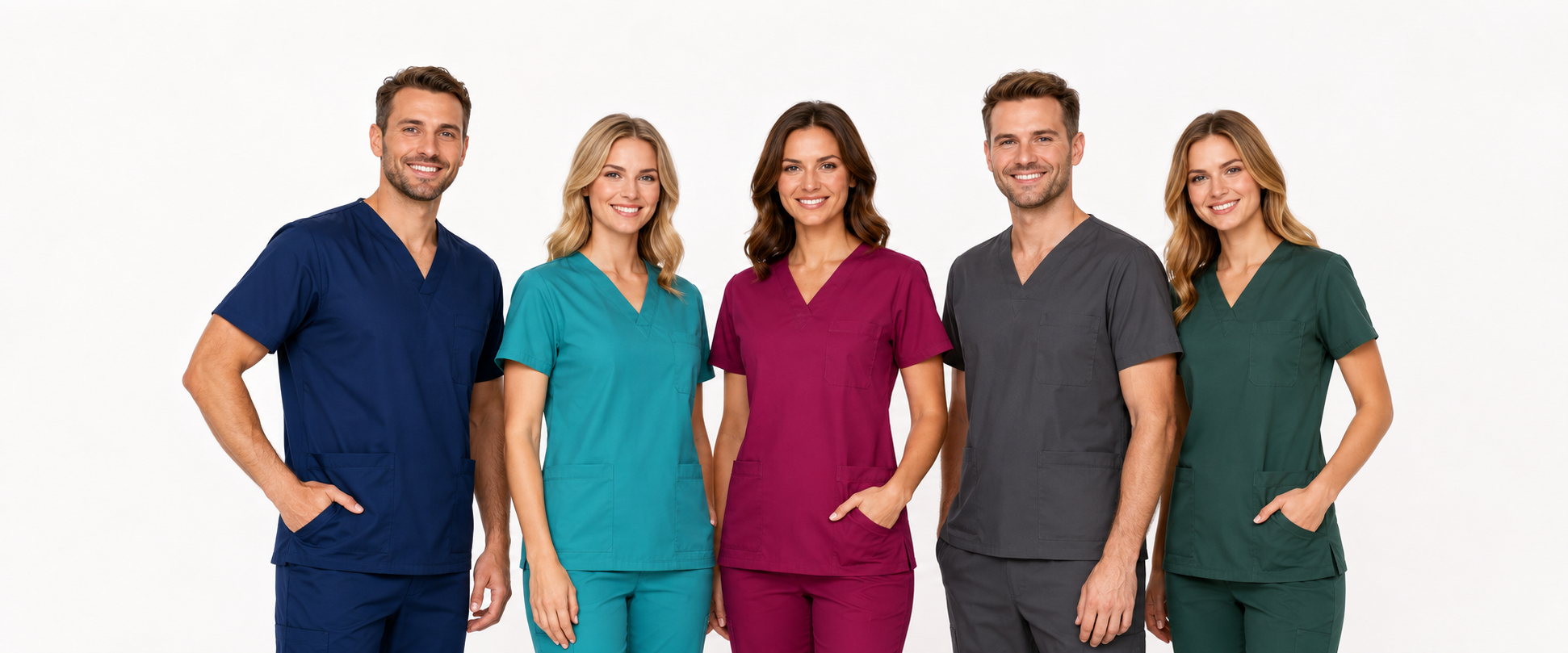 Medizinisches Team in verschiedenfarbiger medizinischer Berufskleidung